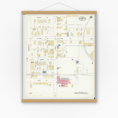 Old map wall art mockup — magnetic wood frame on white wall — Sanborn Fire Insurance Map from Big Rapids, Mecosta County, Michigan (1908), Sheet #0015