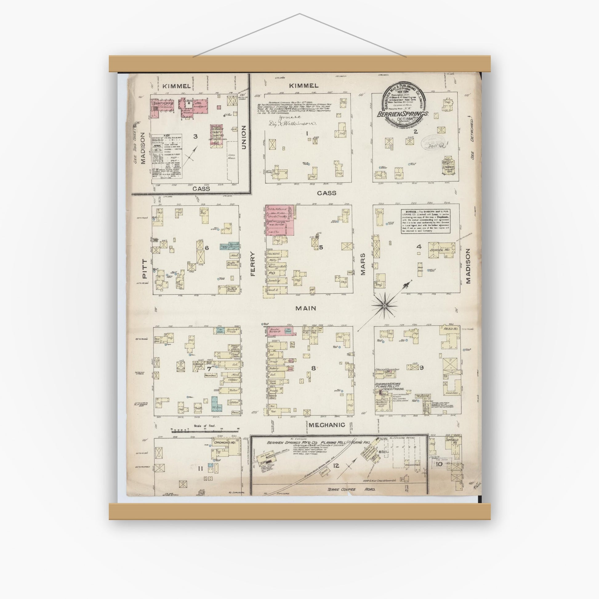 Old map wall art mockup — magnetic wood frame on white wall — Sanborn Fire Insurance Map from Berrien Springs, Berrien County, Michigan (1884), Sheet #0001