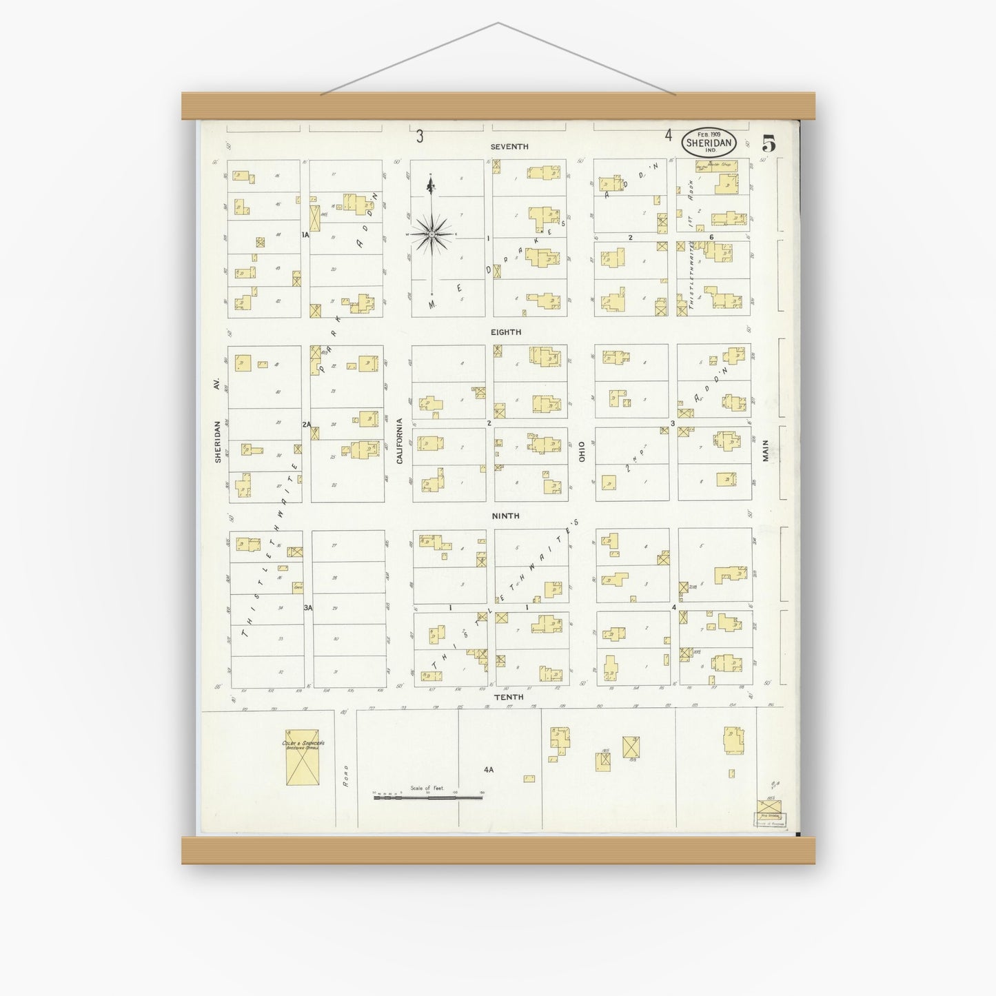 Old map wall art mockup — magnetic wood frame on white wall — Sanborn Fire Insurance Map from Sheridan, Hamilton County, Indiana (1909), Sheet #0005