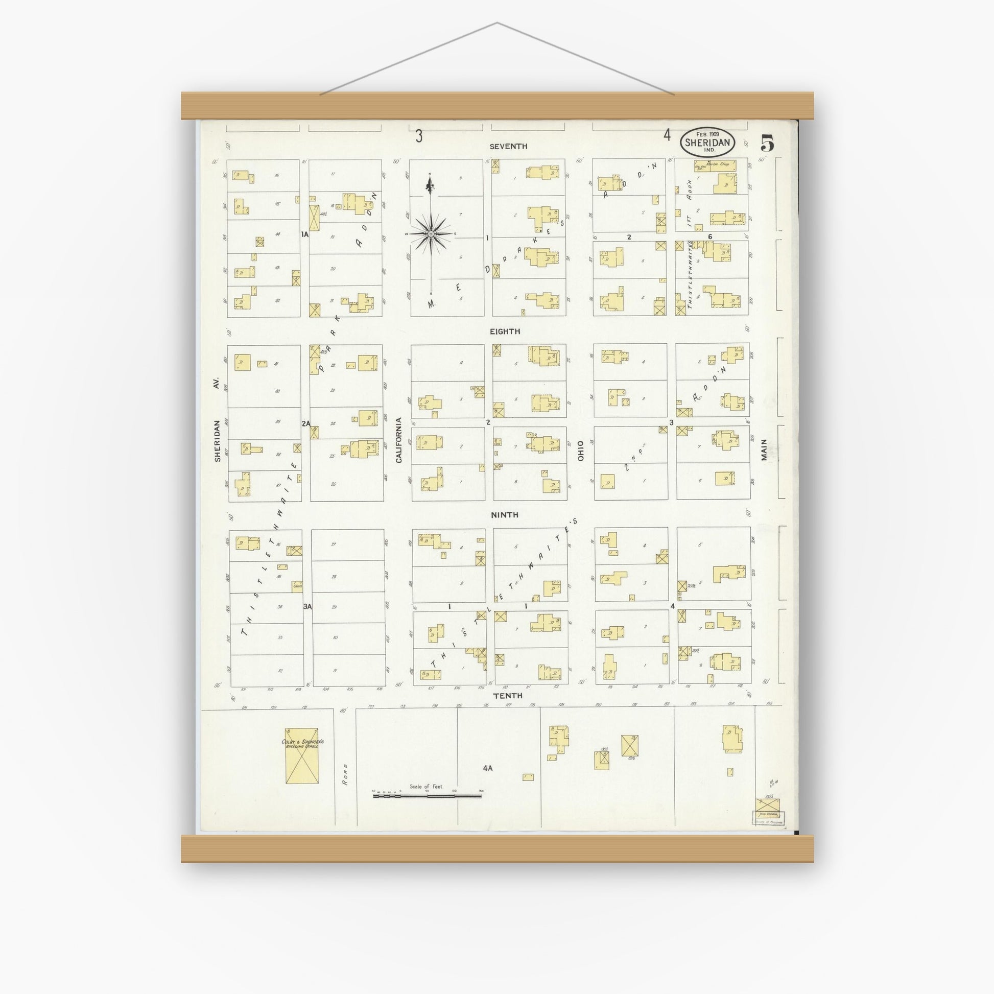 Old map wall art mockup — magnetic wood frame on white wall — Sanborn Fire Insurance Map from Sheridan, Hamilton County, Indiana (1909), Sheet #0005
