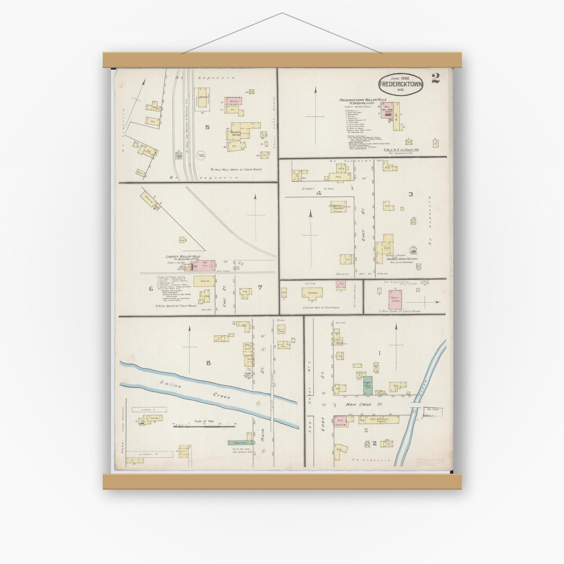 Old map wall art mockup — magnetic wood frame on white wall — Sanborn Fire Insurance Map from Fredericktown, Madison County, Missouri (1886), Sheet #0002