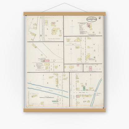 Old map wall art mockup — magnetic wood frame on white wall — Sanborn Fire Insurance Map from Fredericktown, Madison County, Missouri (1886), Sheet #0002
