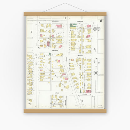 Old map wall art mockup — magnetic wood frame on white wall — Sanborn Fire Insurance Map from Goshen, Elkhart County, Indiana (1901), Sheet #0008