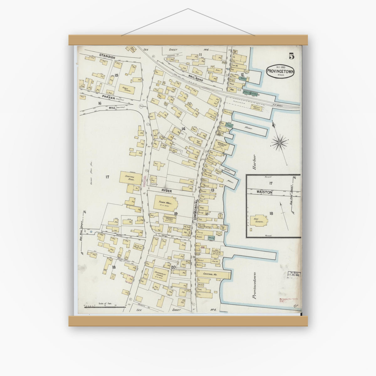 Old map wall art mockup — magnetic wood frame on white wall — Sanborn Fire Insurance Map from Provincetown, Barnstable County, Massachusetts (1889), Sheet #0005