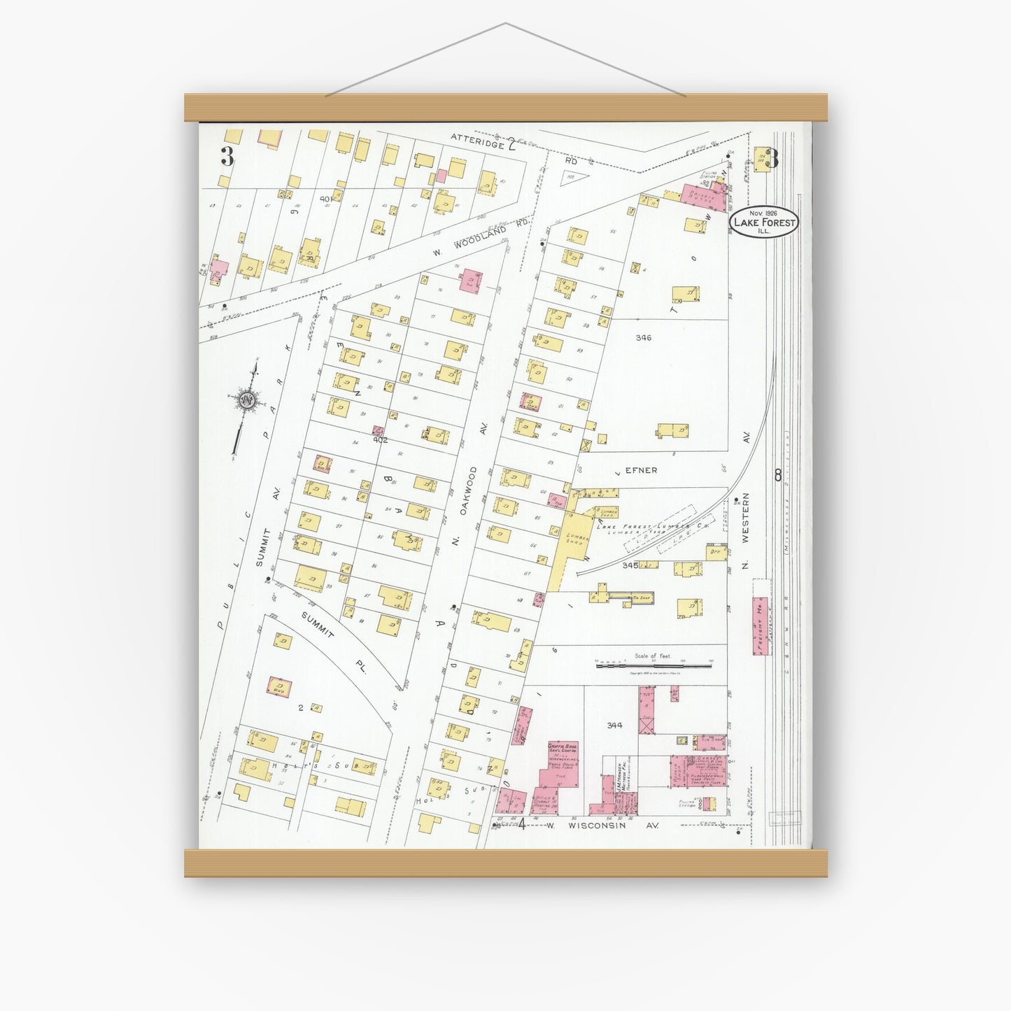 Old map wall art mockup — magnetic wood frame on white wall — Sanborn Fire Insurance Map from Lake Forest, Lake County, Illinois (1926), Sheet #0003