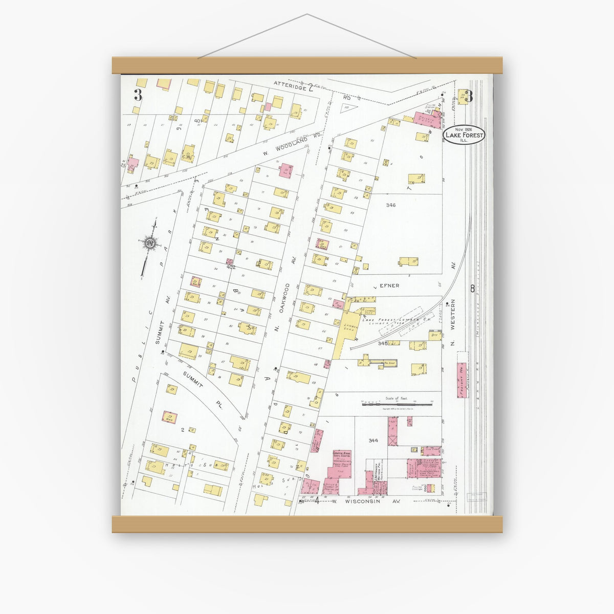 Old map wall art mockup — magnetic wood frame on white wall — Sanborn Fire Insurance Map from Lake Forest, Lake County, Illinois (1926), Sheet #0003