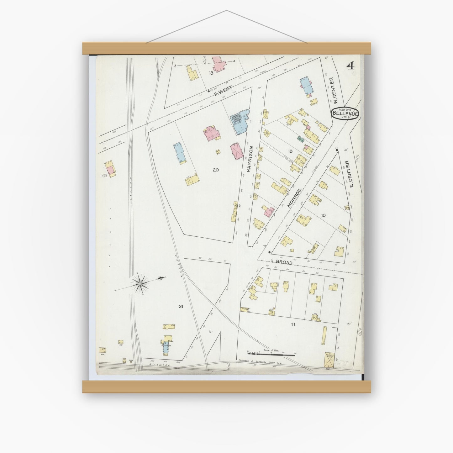 Old map wall art mockup — magnetic wood frame on white wall — Sanborn Fire Insurance Map from Bellevue, Huron And Sandusky County, Ohio (1893), Sheet #0004