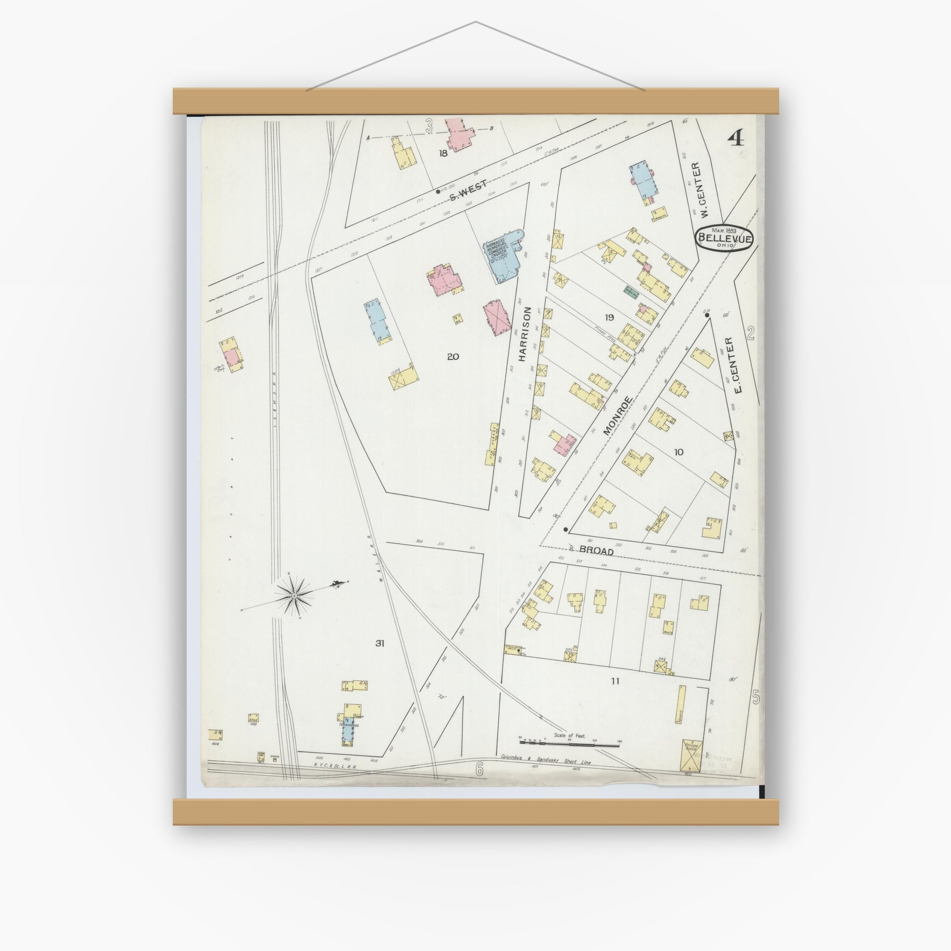 Old map wall art mockup — magnetic wood frame on white wall — Sanborn Fire Insurance Map from Bellevue, Huron And Sandusky County, Ohio (1893), Sheet #0004