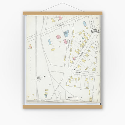Old map wall art mockup — magnetic wood frame on white wall — Sanborn Fire Insurance Map from Bellevue, Huron And Sandusky County, Ohio (1893), Sheet #0004