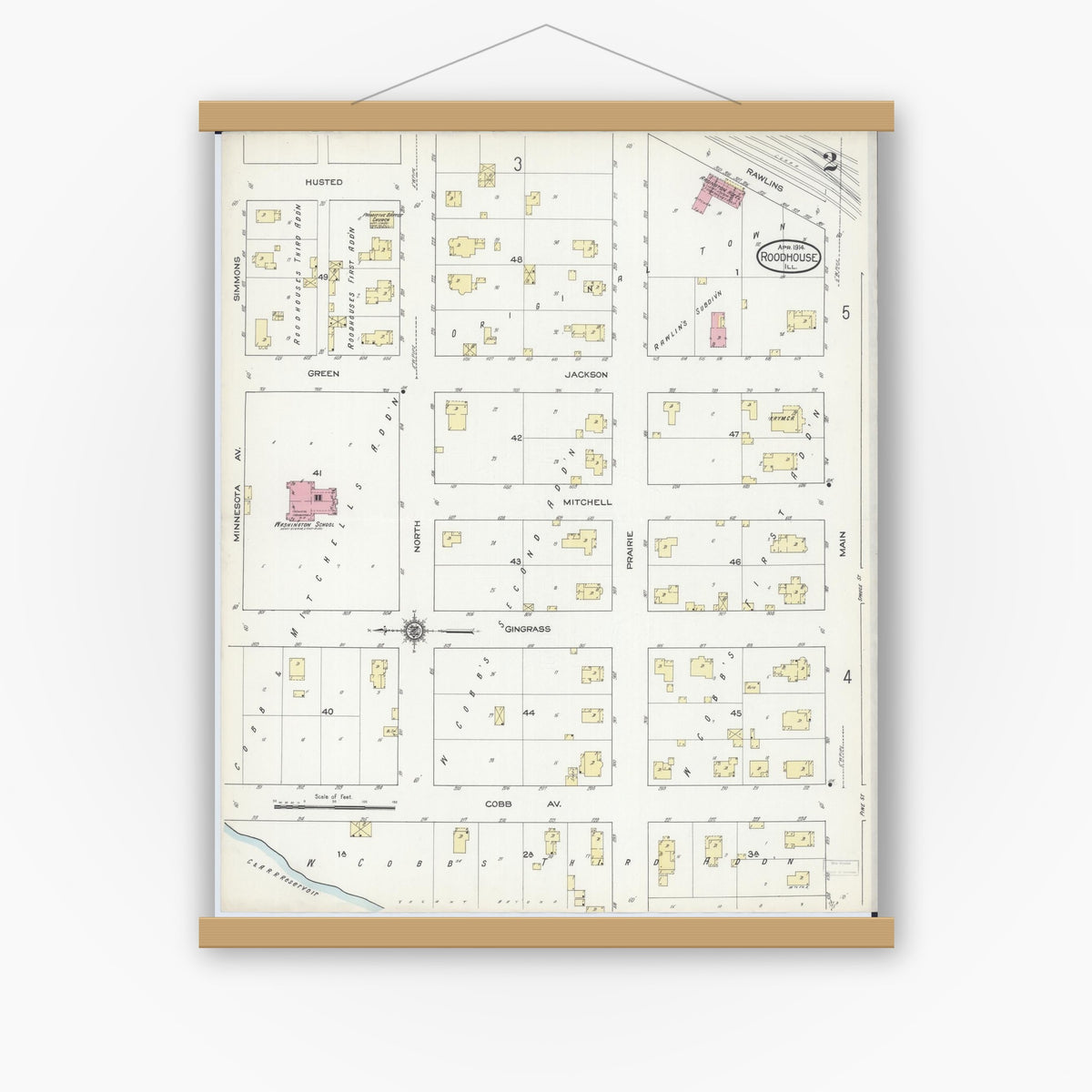Old map wall art mockup — magnetic wood frame on white wall — Sanborn Fire Insurance Map from Roodhouse, Greene County, Illinois (1914), Sheet #0002