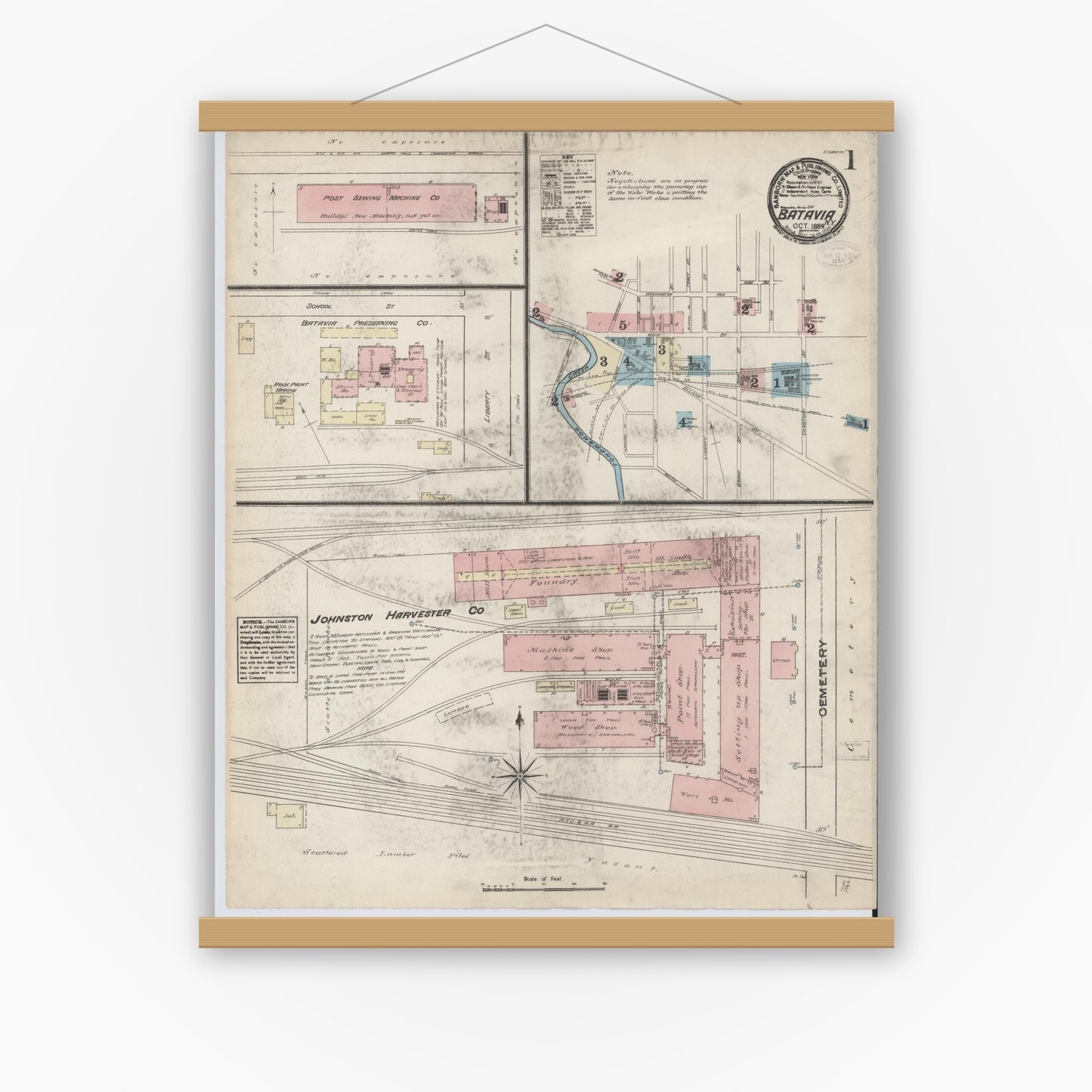 Old map wall art mockup — magnetic wood frame on white wall — Sanborn Fire Insurance Map from Batavia, Genesee County, New York (1884) - Complete Map Set