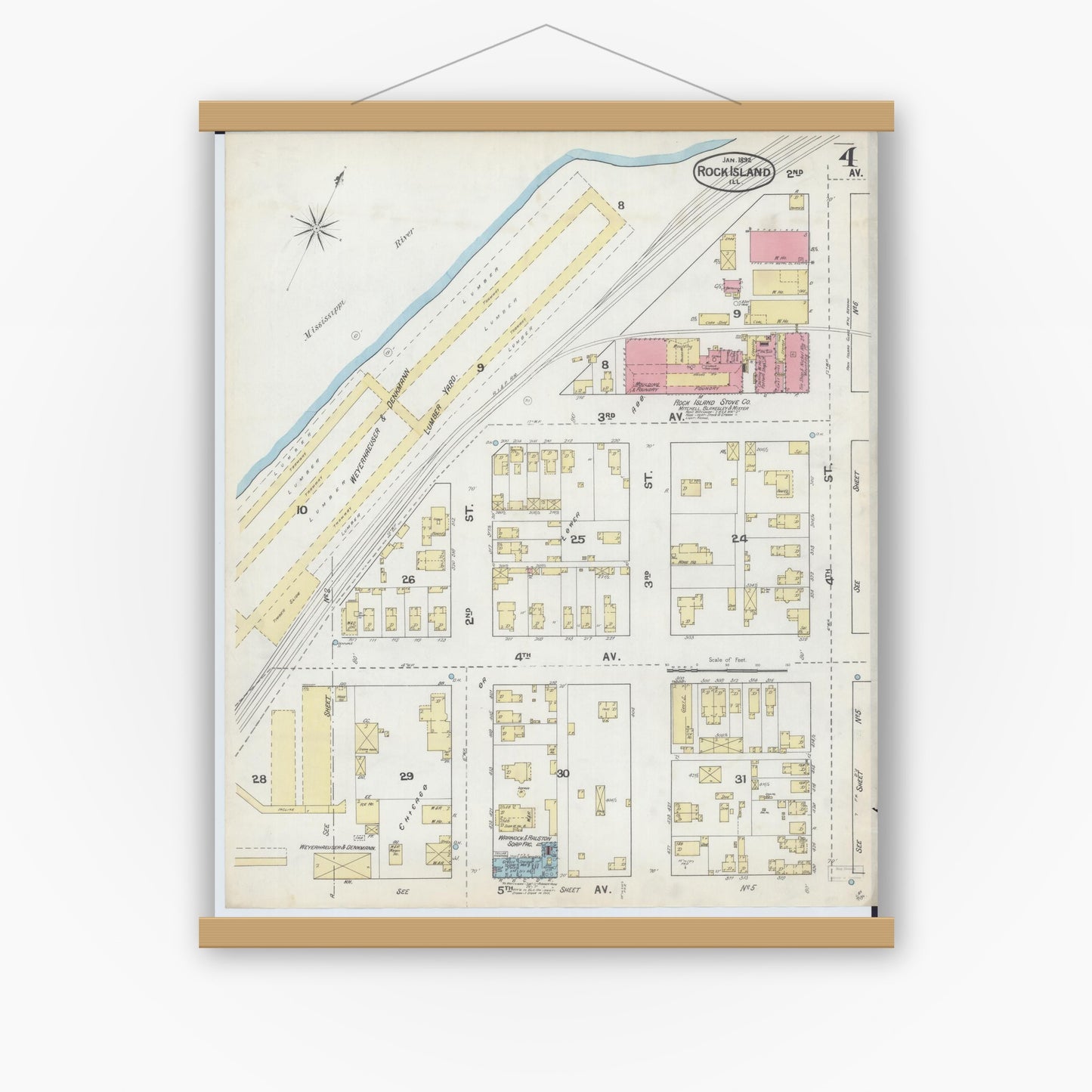 Old map wall art mockup — magnetic wood frame on white wall — Sanborn Fire Insurance Map from Rock Island, Rock Island County, Illinois (1892), Sheet #0004