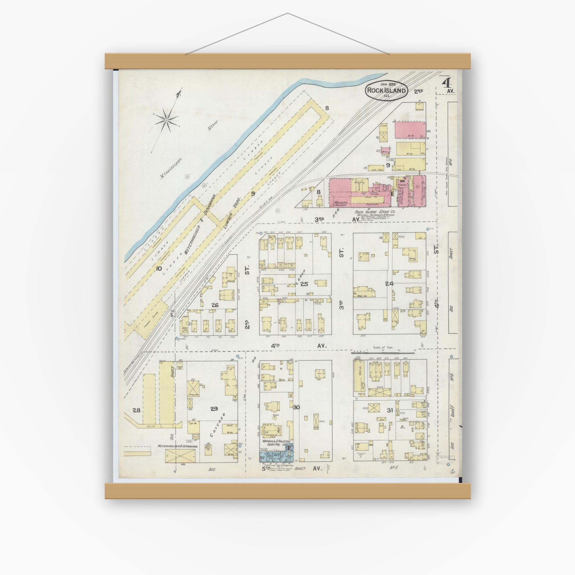 Old map wall art mockup — magnetic wood frame on white wall — Sanborn Fire Insurance Map from Rock Island, Rock Island County, Illinois (1892), Sheet #0004
