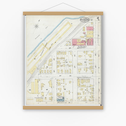 Old map wall art mockup — magnetic wood frame on white wall — Sanborn Fire Insurance Map from Rock Island, Rock Island County, Illinois (1892), Sheet #0004