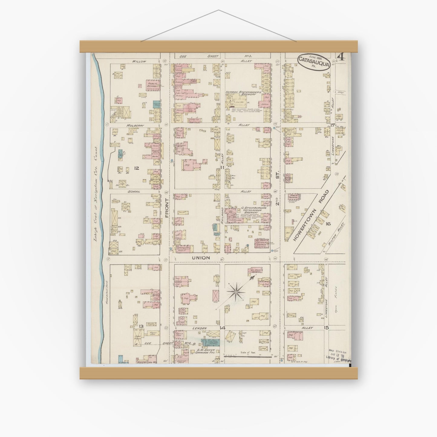 Old map wall art mockup — magnetic wood frame on white wall — Sanborn Fire Insurance Map from Catasauqua, Lehigh County, Pennsylvania (1885), Sheet #0004