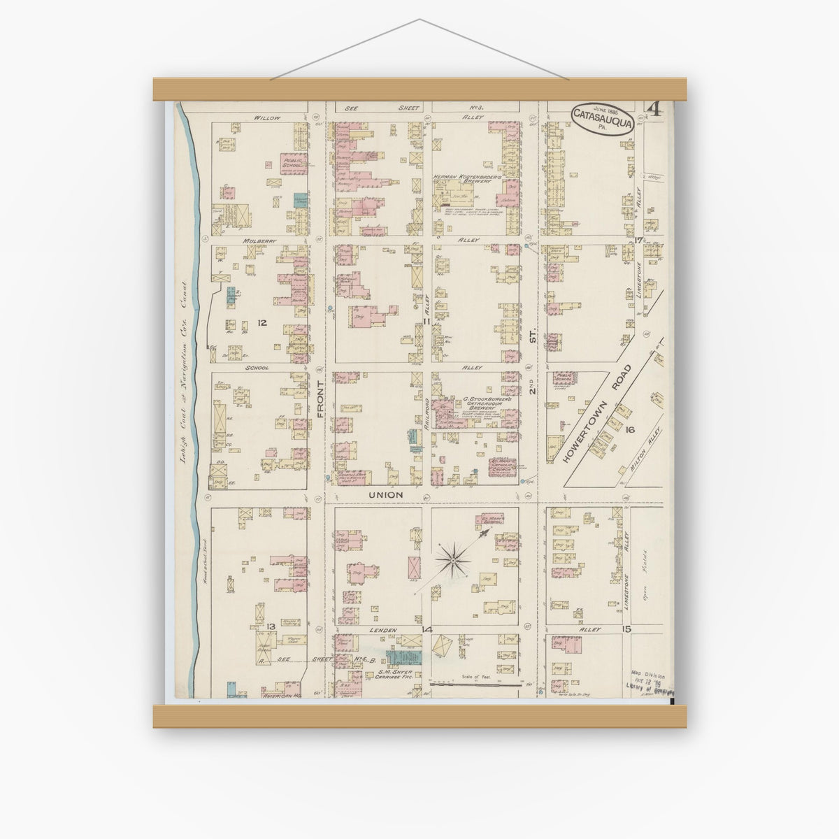 Old map wall art mockup — magnetic wood frame on white wall — Sanborn Fire Insurance Map from Catasauqua, Lehigh County, Pennsylvania (1885), Sheet #0004