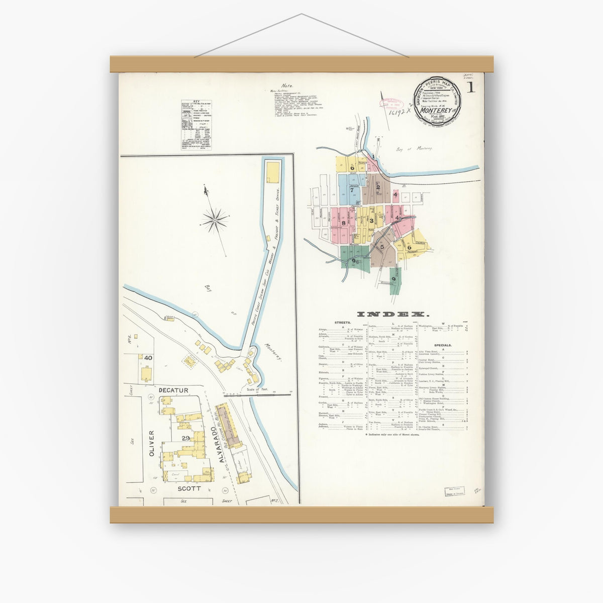 Old map wall art mockup — magnetic wood frame on white wall — Sanborn Fire Insurance Map from Monterey, Monterey County, California (1892) - Complete Map Set