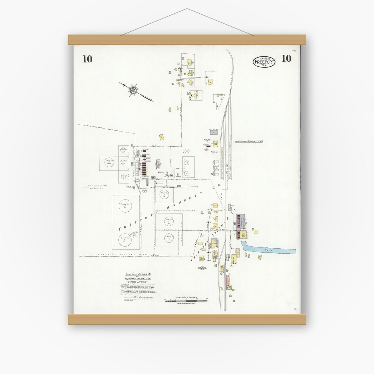 Old map wall art mockup — magnetic wood frame on white wall — Sanborn Fire Insurance Map from Freeport, Brazoria County, Texas (1926), Sheet #0010