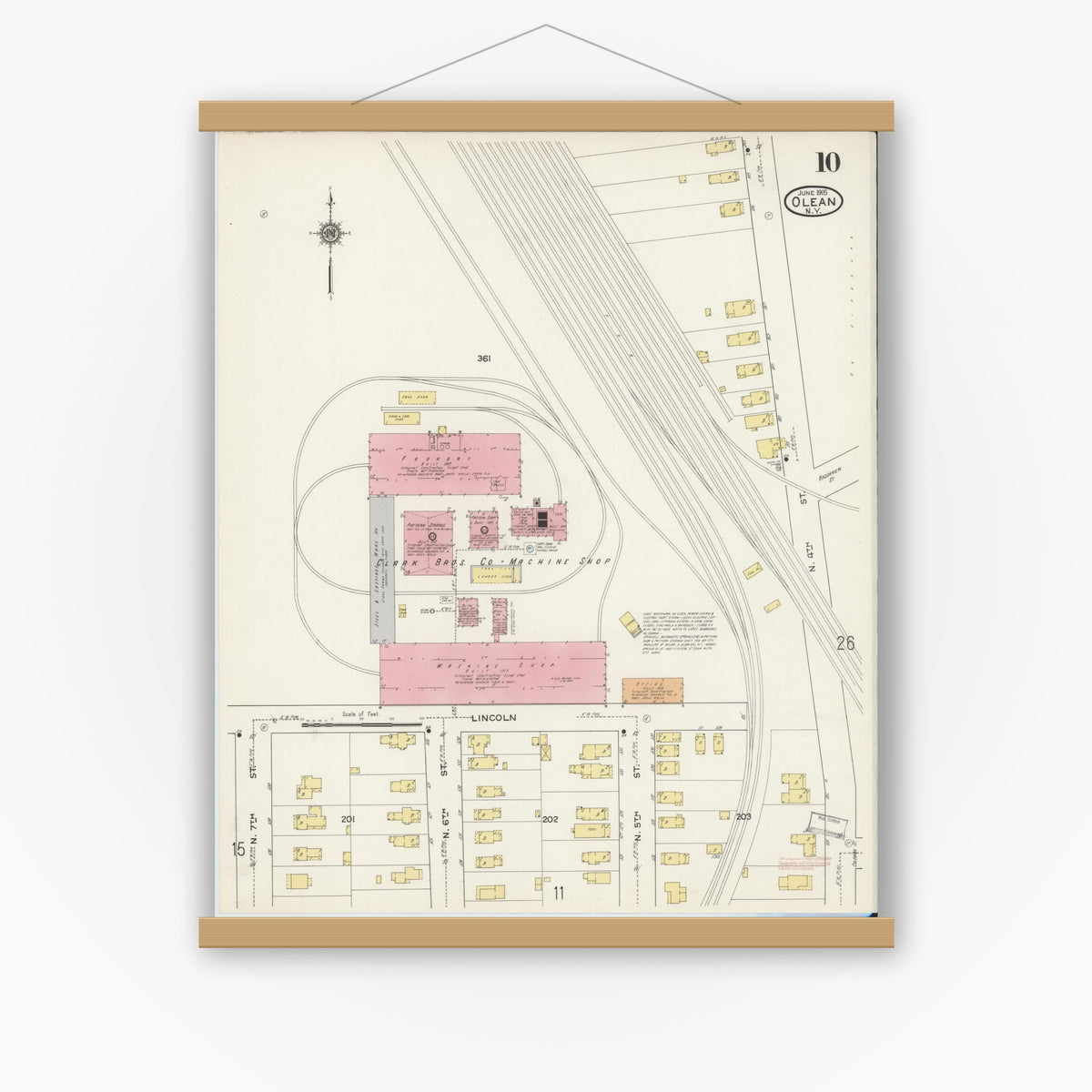 Old map wall art mockup — magnetic wood frame on white wall — Sanborn Fire Insurance Map from Olean, Cattaraugus County, New York (1915), Sheet #0010