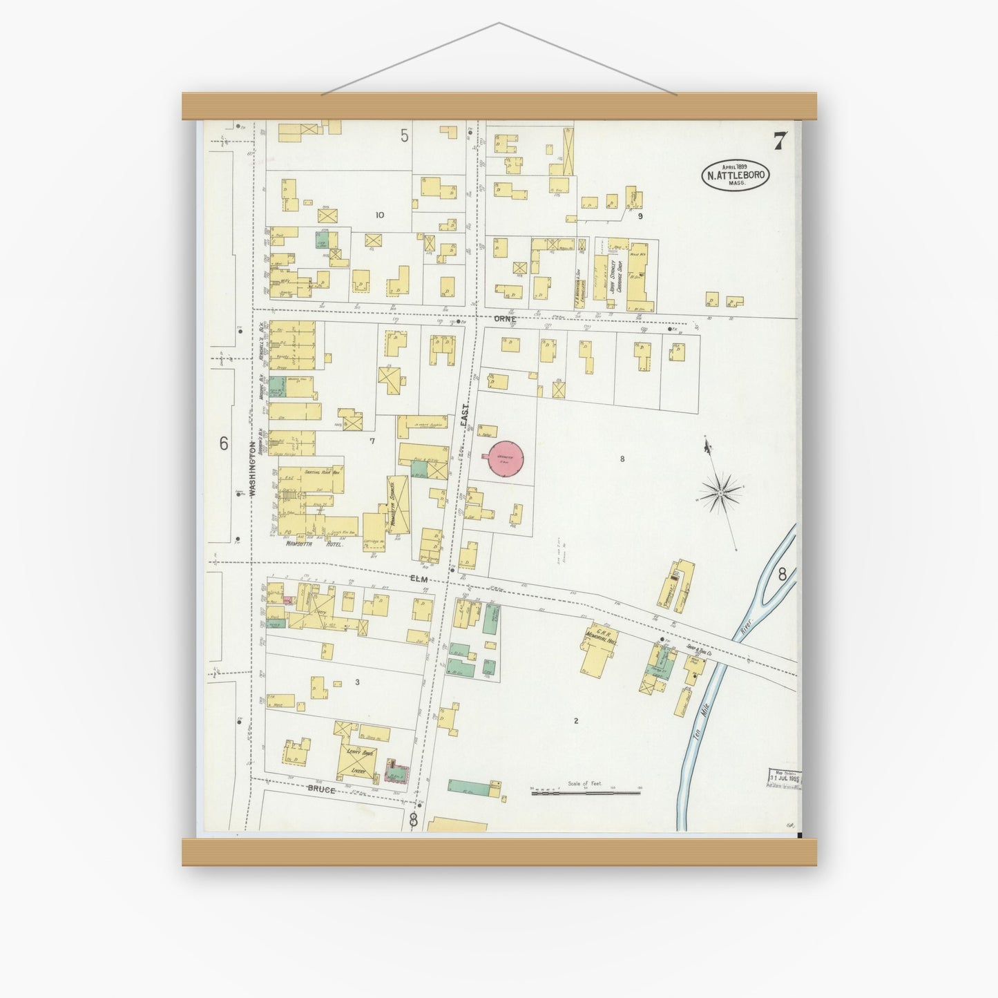Old map wall art mockup — magnetic wood frame on white wall — Sanborn Fire Insurance Map from North Attleborough, Bristol County, Massachusetts (1899), Sheet #0007