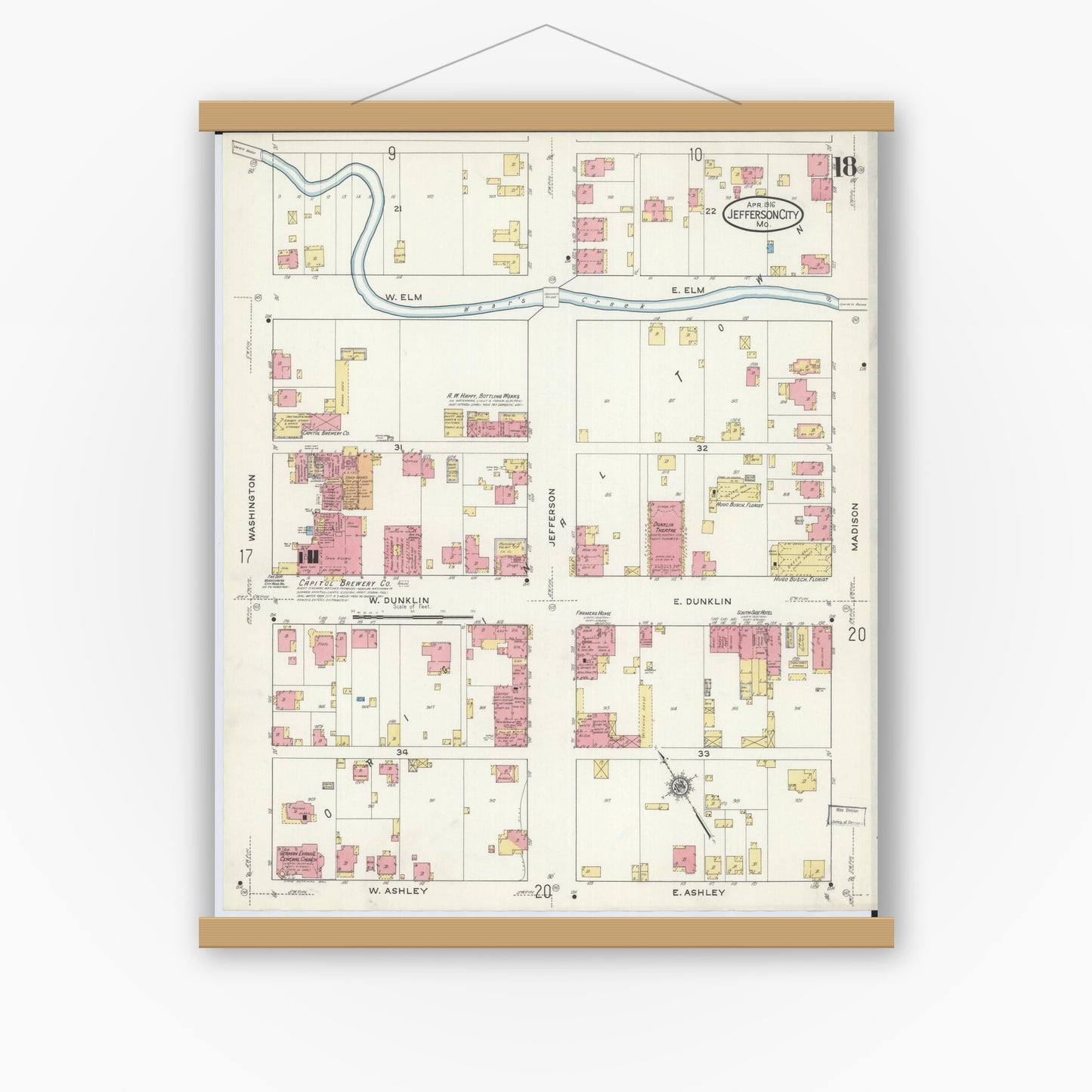 Old map wall art mockup — magnetic wood frame on white wall — Sanborn Fire Insurance Map from Jefferson City, Cole County, Missouri (1916), Sheet #0018