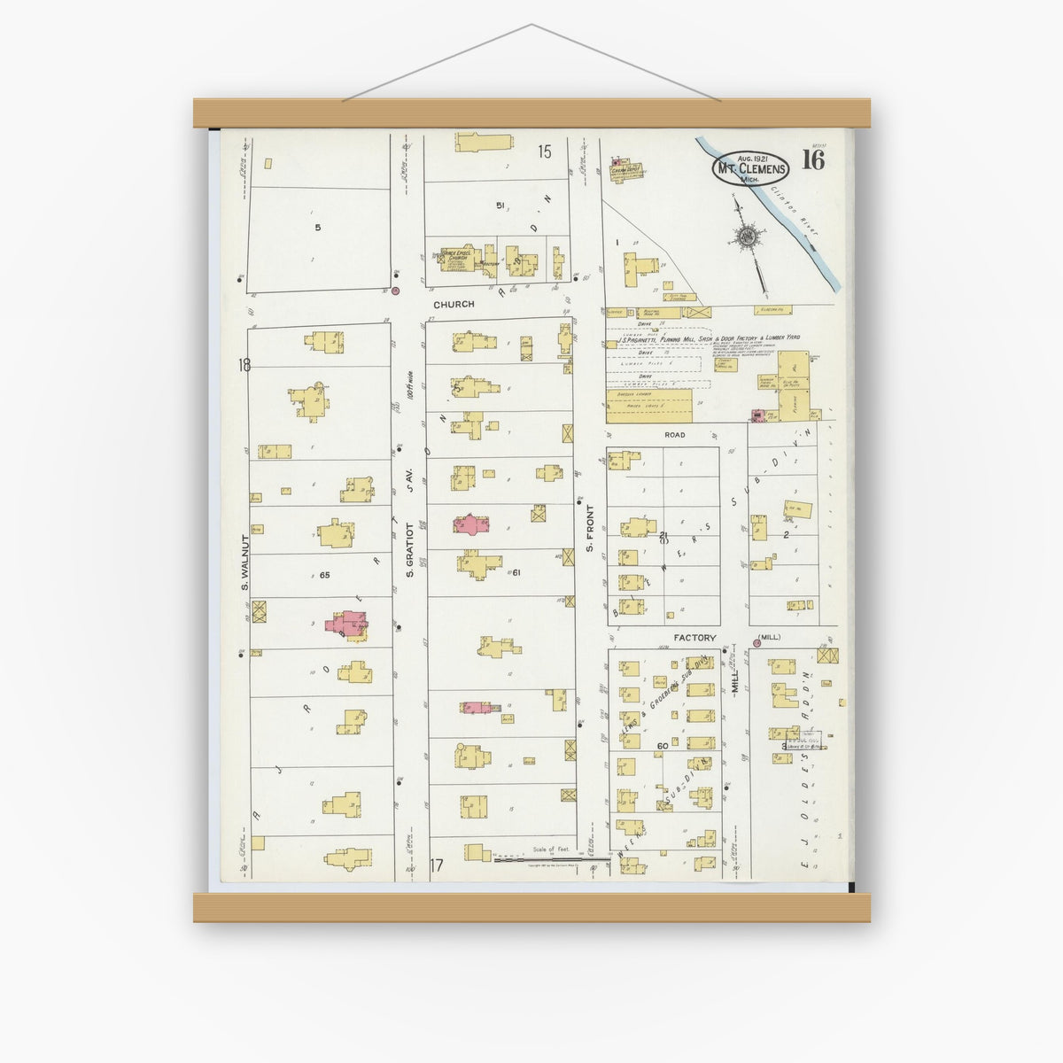 Old map wall art mockup — magnetic wood frame on white wall — Sanborn Fire Insurance Map from Mount Clemens, Macomb County, Michigan (1921), Sheet #0016