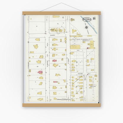 Old map wall art mockup — magnetic wood frame on white wall — Sanborn Fire Insurance Map from Mount Clemens, Macomb County, Michigan (1921), Sheet #0016