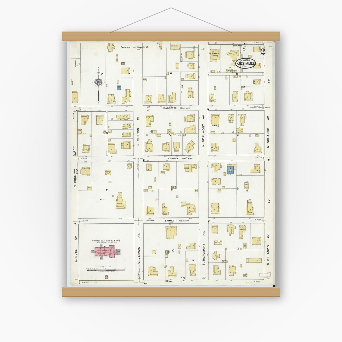 Old map wall art mockup — magnetic wood frame on white wall — Sanborn Fire Insurance Map from Kissimmee, Osceola County, Florida (1920), Sheet #0002