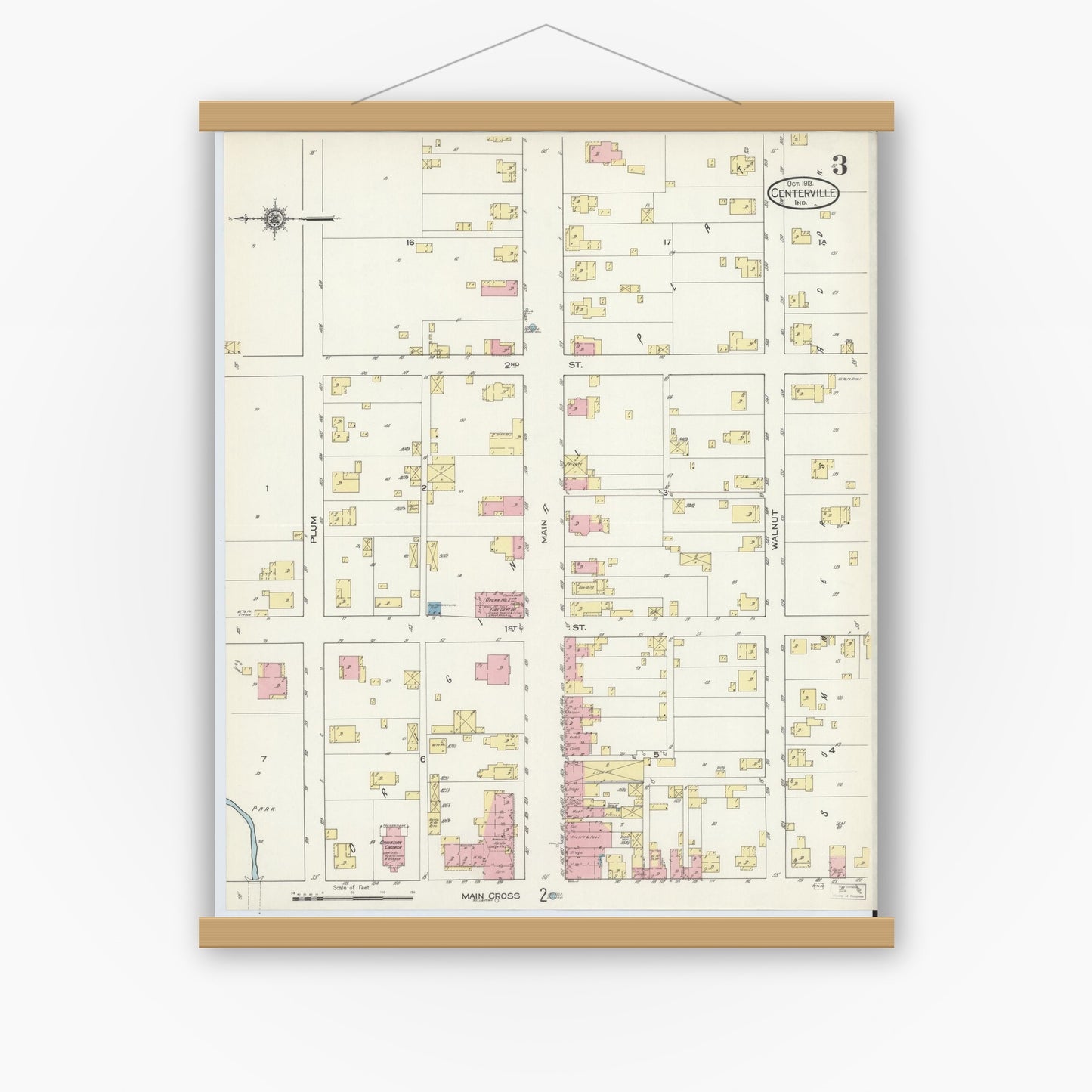 Old map wall art mockup — magnetic wood frame on white wall — Sanborn Fire Insurance Map from Centerville, Wayne County, Indiana (1913), Sheet #0003