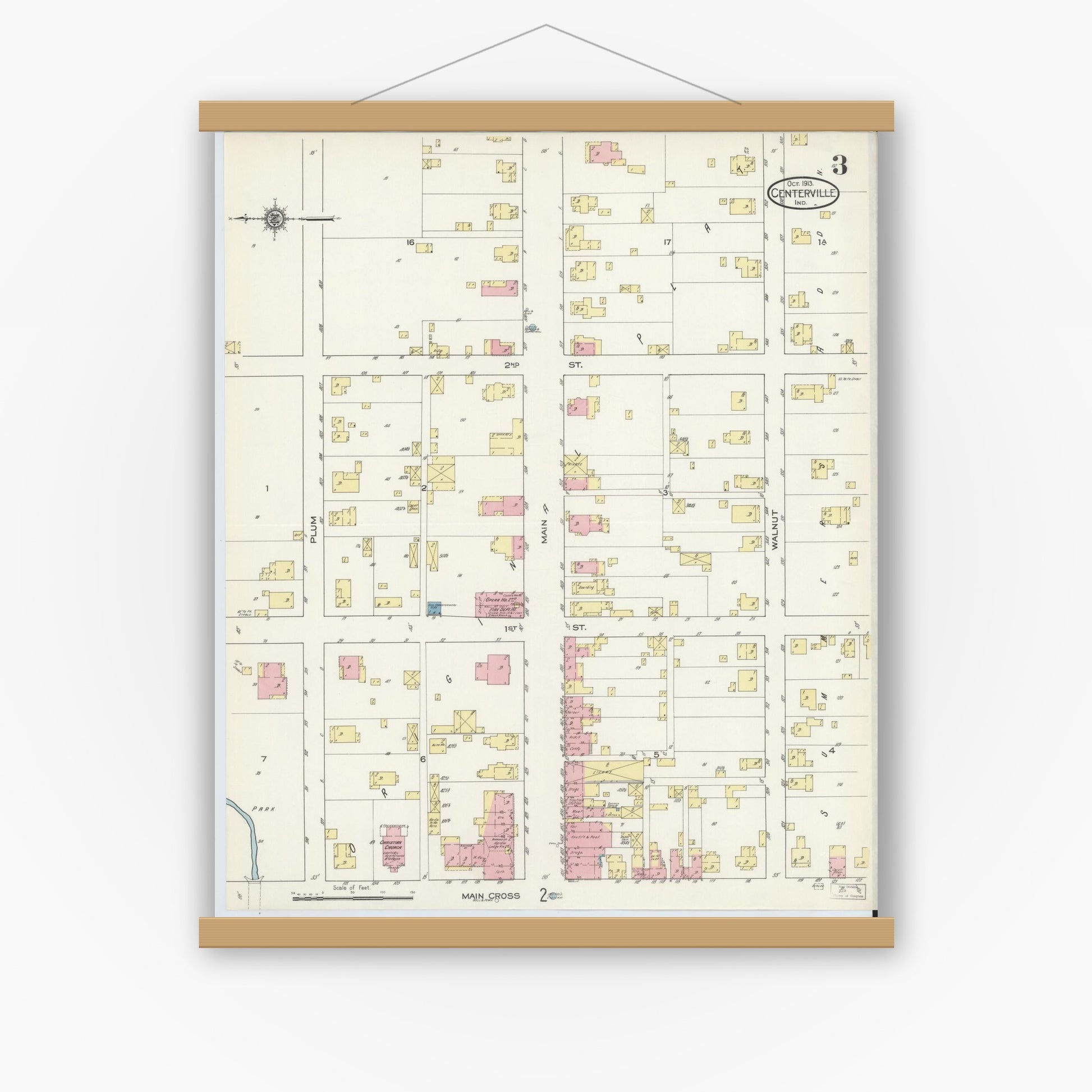 Old map wall art mockup — magnetic wood frame on white wall — Sanborn Fire Insurance Map from Centerville, Wayne County, Indiana (1913), Sheet #0003