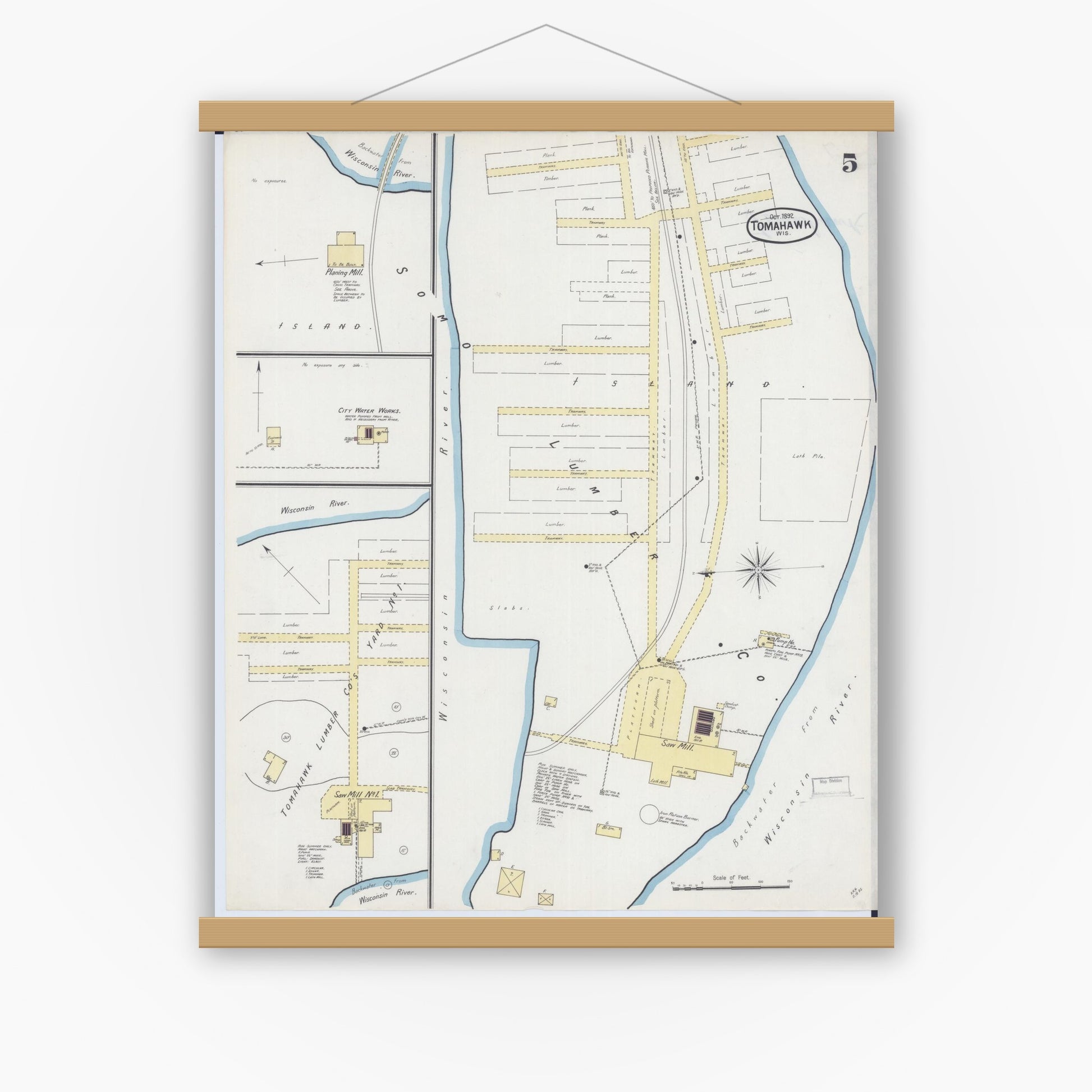 Old map wall art mockup — magnetic wood frame on white wall — Sanborn Fire Insurance Map from Tomahawk, Lincoln County, Wisconsin (1892), Sheet #0005