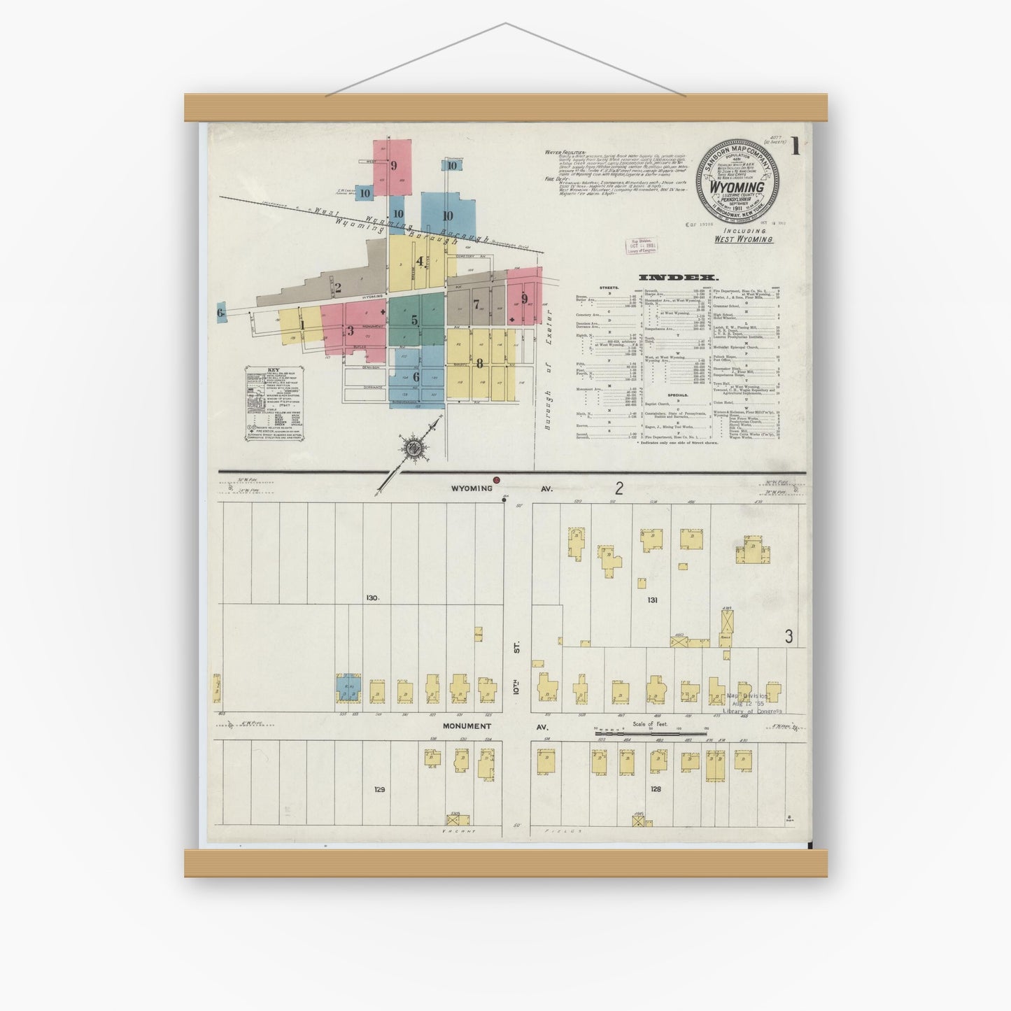 Old map wall art mockup — magnetic wood frame on white wall — Sanborn Fire Insurance Map from Wyoming, Luzerne County, Pennsylvania (1911) - Complete Map Set