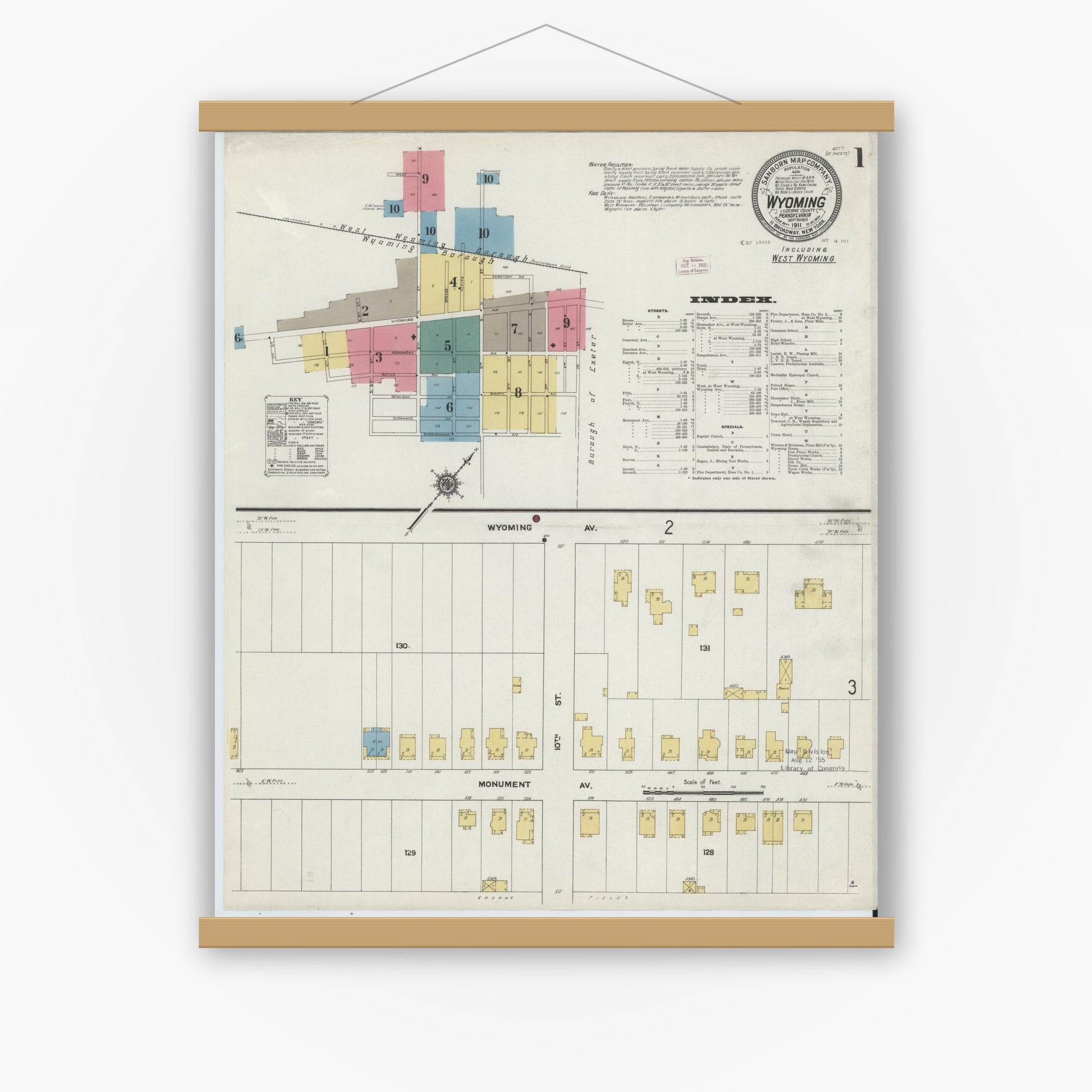 Old map wall art mockup — magnetic wood frame on white wall — Sanborn Fire Insurance Map from Wyoming, Luzerne County, Pennsylvania (1911) - Complete Map Set