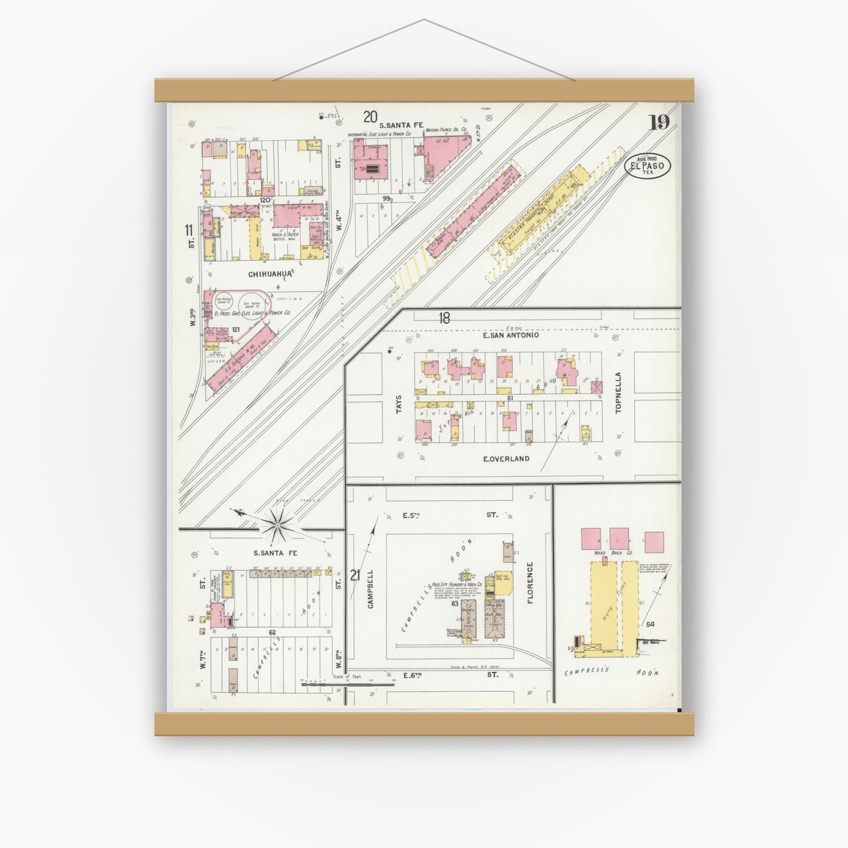 Old map wall art mockup — magnetic wood frame on white wall — Sanborn Fire Insurance Map from El Paso, El Paso County, Texas (1900), Sheet #0019