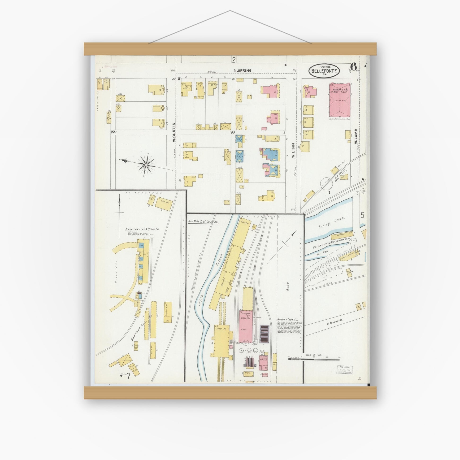 Old map wall art mockup — magnetic wood frame on white wall — Sanborn Fire Insurance Map from Bellefonte, Centre County, Pennsylvania (1904), Sheet #0006