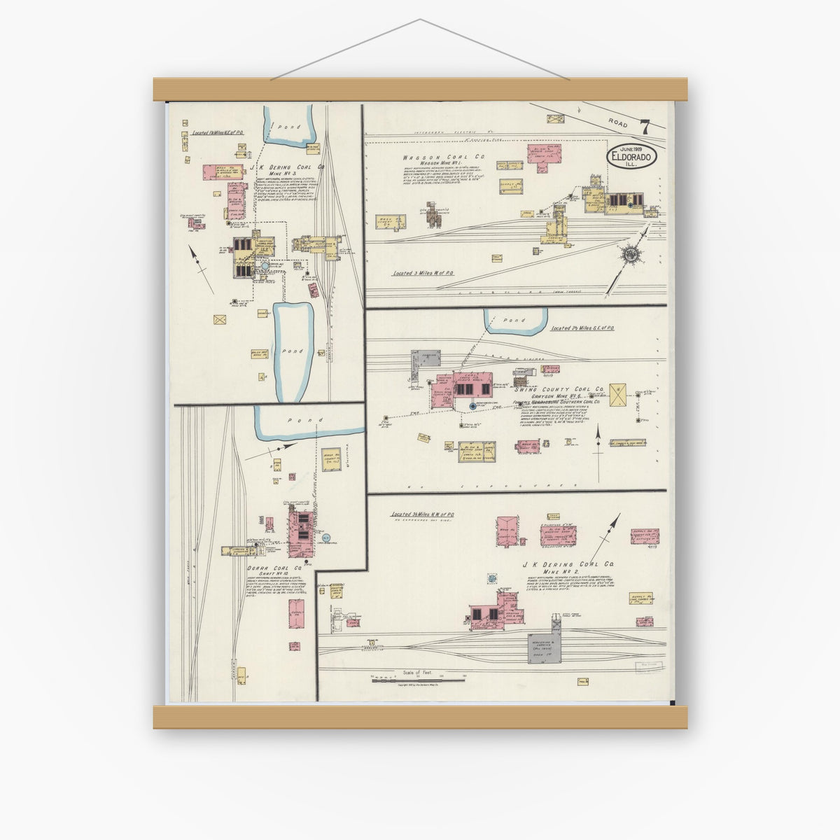 Old map wall art mockup — magnetic wood frame on white wall — Sanborn Fire Insurance Map from Eldorado, Saline County, Illinois (1919), Sheet #0007