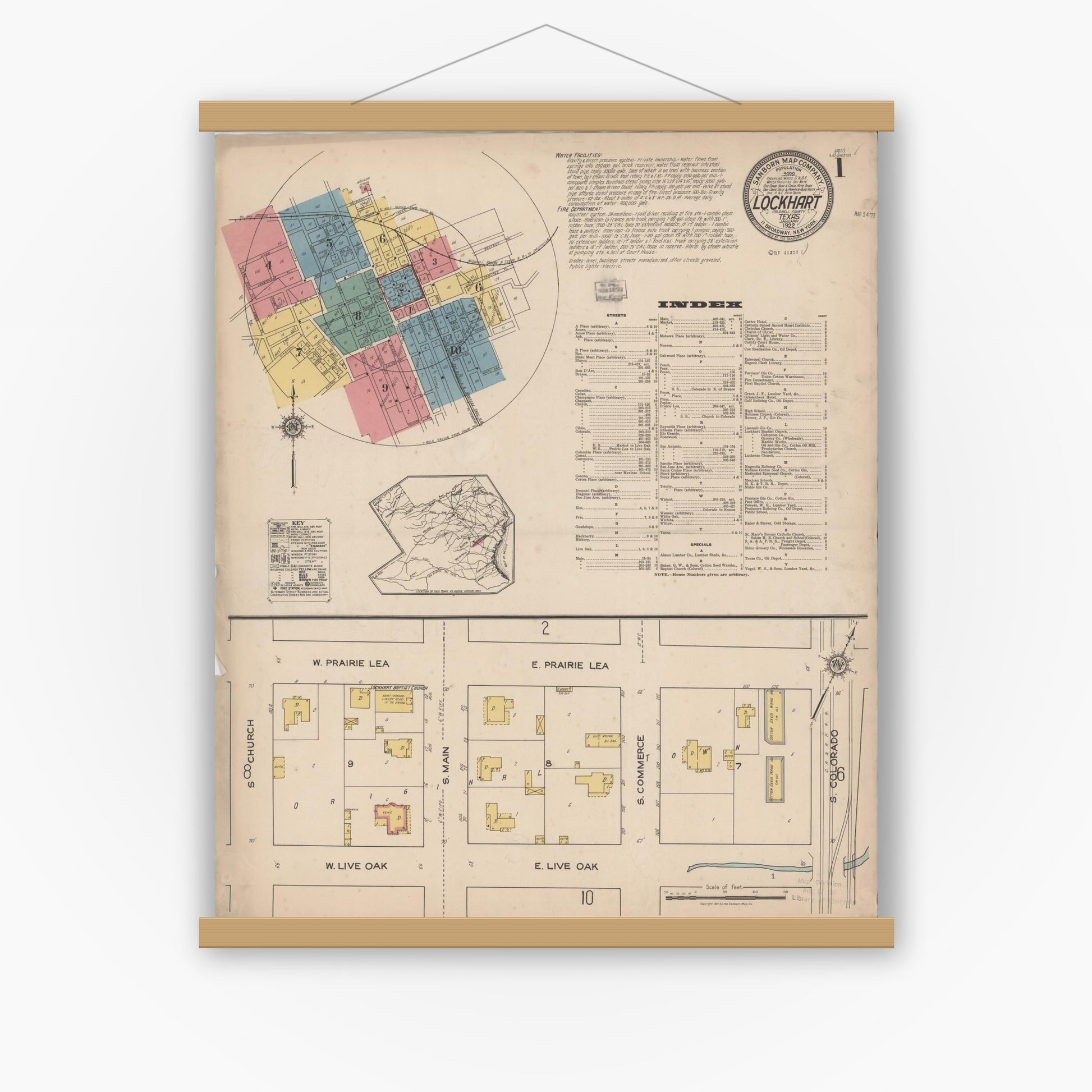 Old map wall art mockup — magnetic wood frame on white wall — Sanborn Fire Insurance Map from Lockhart, Caldwell County, Texas (1922), Sheet #0001