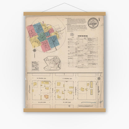 Old map wall art mockup — magnetic wood frame on white wall — Sanborn Fire Insurance Map from Lockhart, Caldwell County, Texas (1922), Sheet #0001