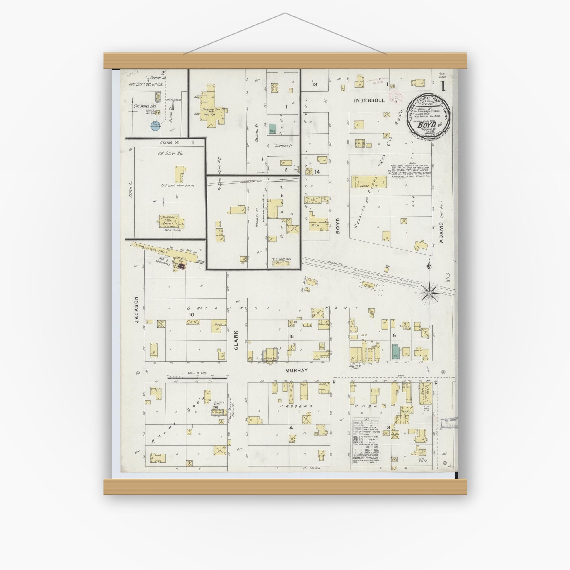 Old map wall art mockup — magnetic wood frame on white wall — Sanborn Fire Insurance Map from Boyd, Chippewa County, Wisconsin (1894) - Complete Map Set