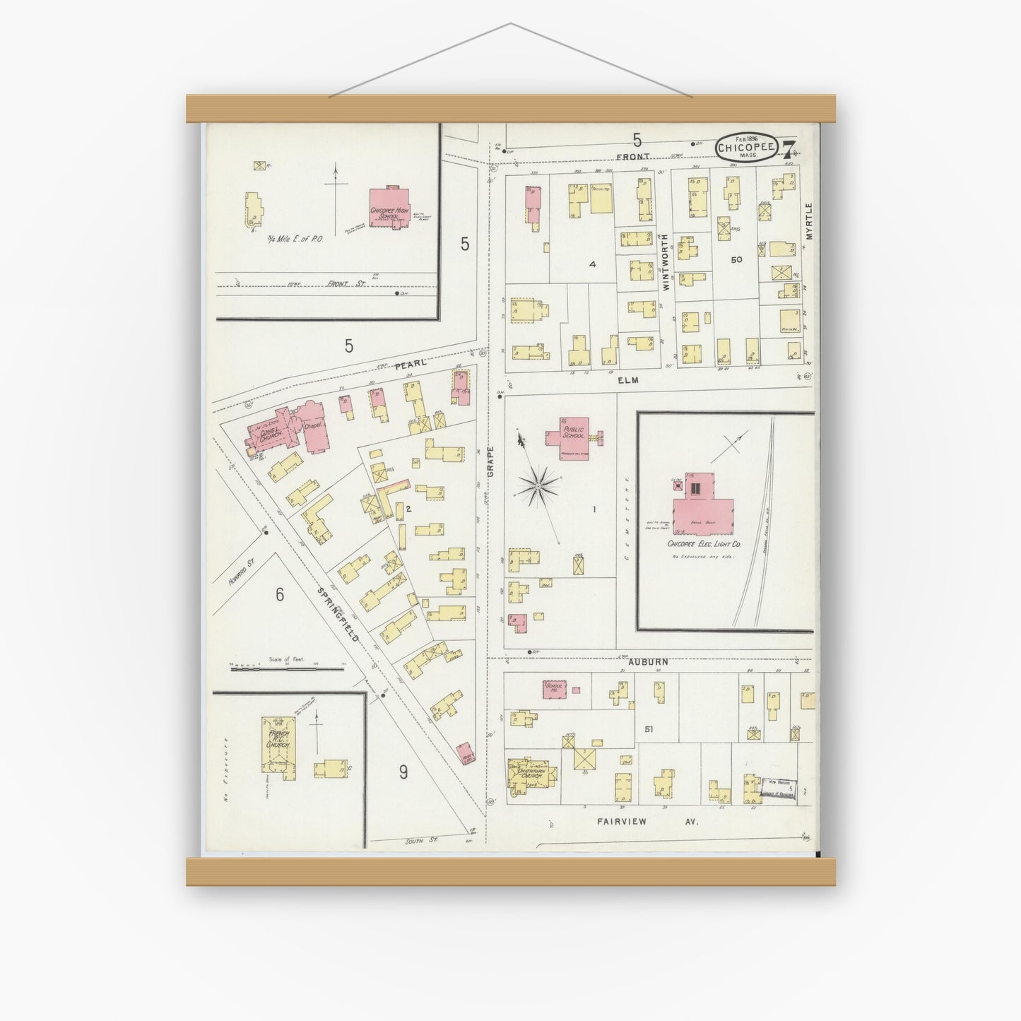 Old map wall art mockup — magnetic wood frame on white wall — Sanborn Fire Insurance Map from Chicopee, Hampden County, Massachusetts (1896), Sheet #0007