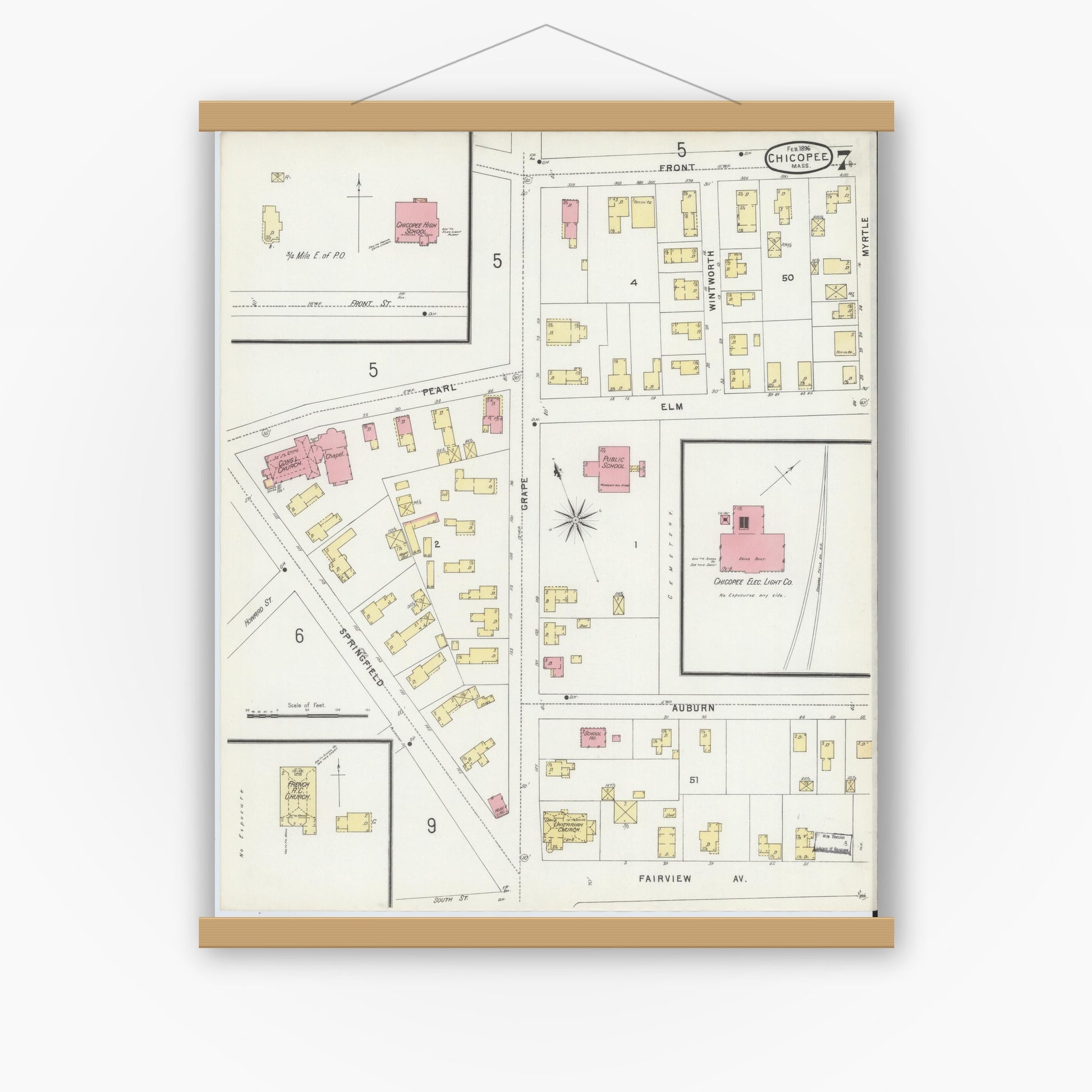 Old map wall art mockup — magnetic wood frame on white wall — Sanborn Fire Insurance Map from Chicopee, Hampden County, Massachusetts (1896), Sheet #0007