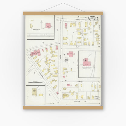 Old map wall art mockup — magnetic wood frame on white wall — Sanborn Fire Insurance Map from Chicopee, Hampden County, Massachusetts (1896), Sheet #0007