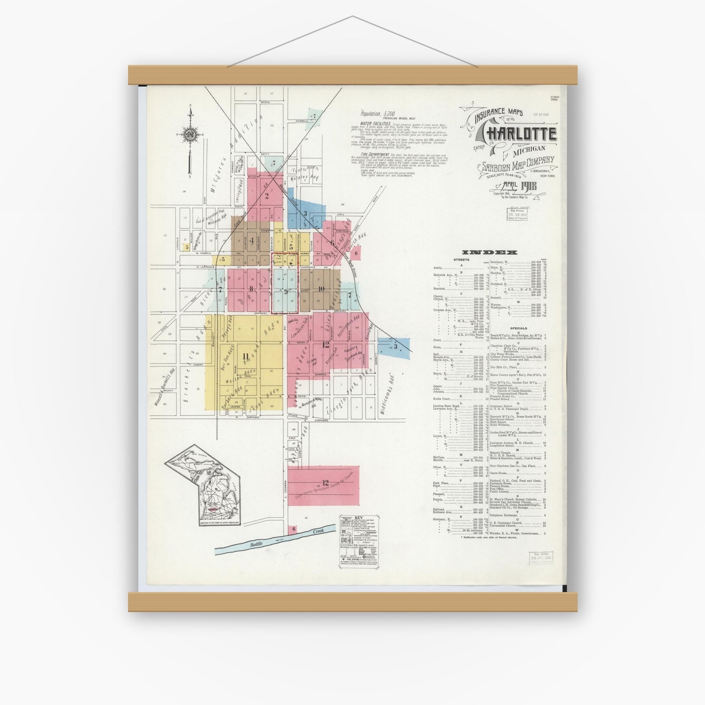 Old map wall art mockup — magnetic wood frame on white wall — Sanborn Fire Insurance Map from Charlotte, Eaton County, Michigan (1918), Sheet #0001