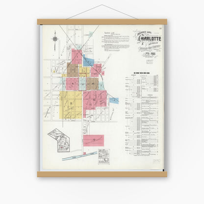 Old map wall art mockup — magnetic wood frame on white wall — Sanborn Fire Insurance Map from Charlotte, Eaton County, Michigan (1918), Sheet #0001