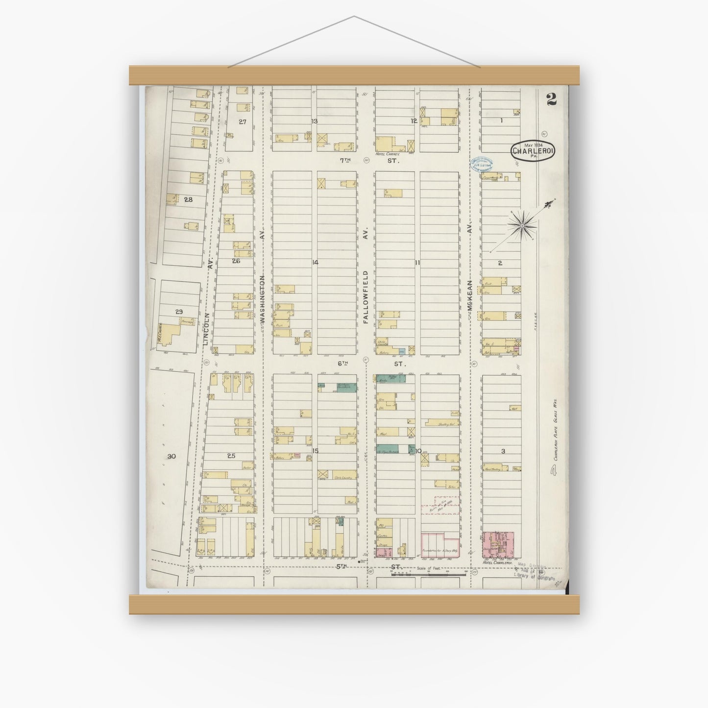Old map wall art mockup — magnetic wood frame on white wall — Sanborn Fire Insurance Map from Charleroi, Washington County, Pennsylvania (1894), Sheet #0002