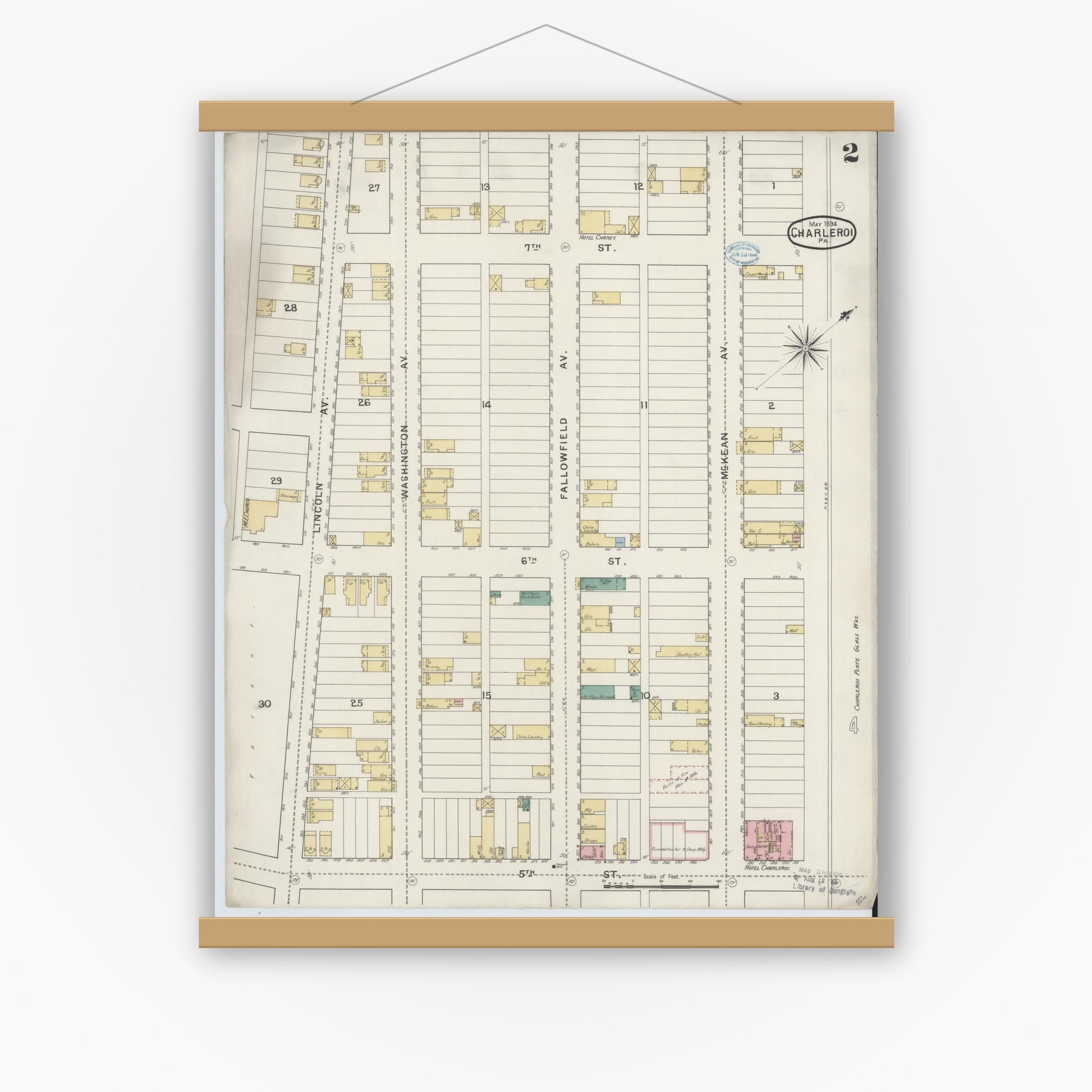 Old map wall art mockup — magnetic wood frame on white wall — Sanborn Fire Insurance Map from Charleroi, Washington County, Pennsylvania (1894), Sheet #0002
