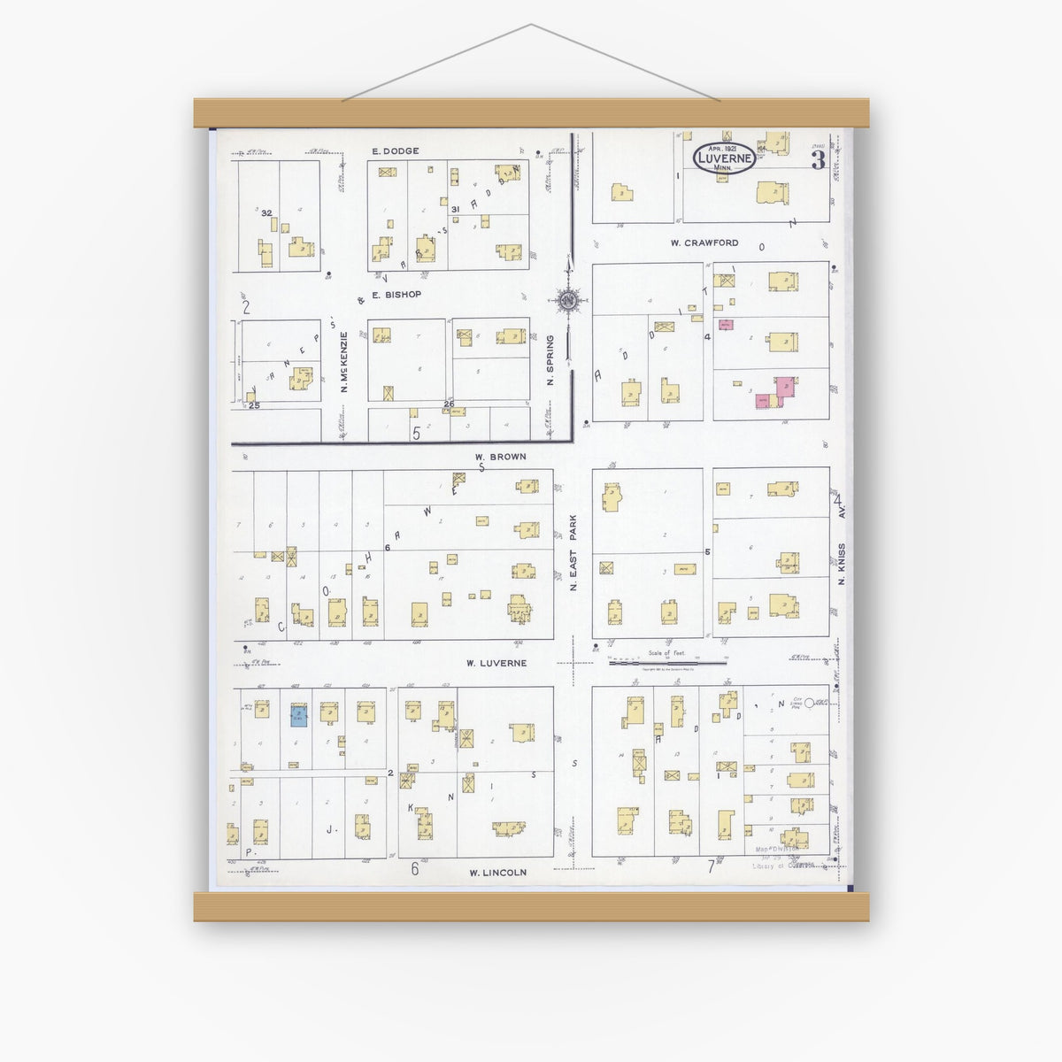 Old map wall art mockup — magnetic wood frame on white wall — Sanborn Fire Insurance Map from Luverne, Rock County, Minnesota (1921), Sheet #0003