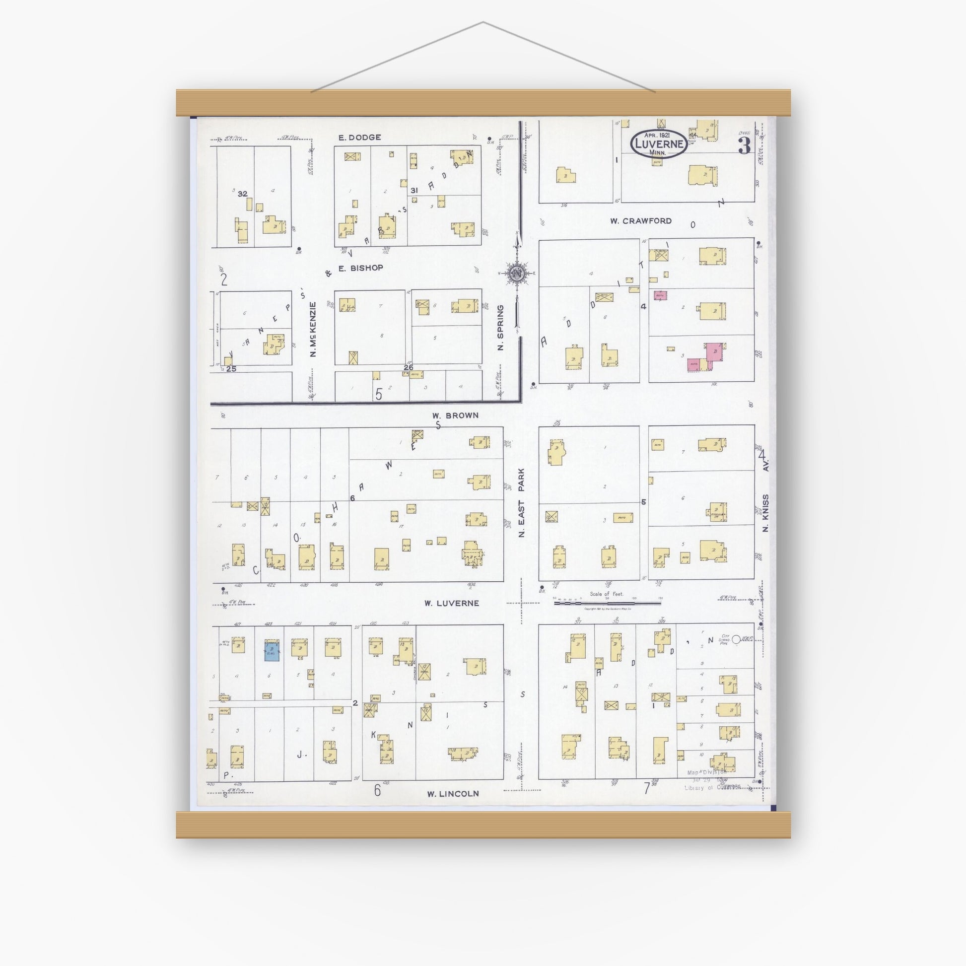 Old map wall art mockup — magnetic wood frame on white wall — Sanborn Fire Insurance Map from Luverne, Rock County, Minnesota (1921), Sheet #0003