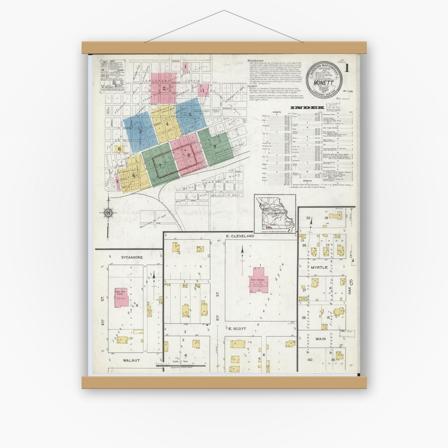 Old map wall art mockup — magnetic wood frame on white wall — Sanborn Fire Insurance Map from Monett, Barry County, Missouri (1917), Sheet #0001