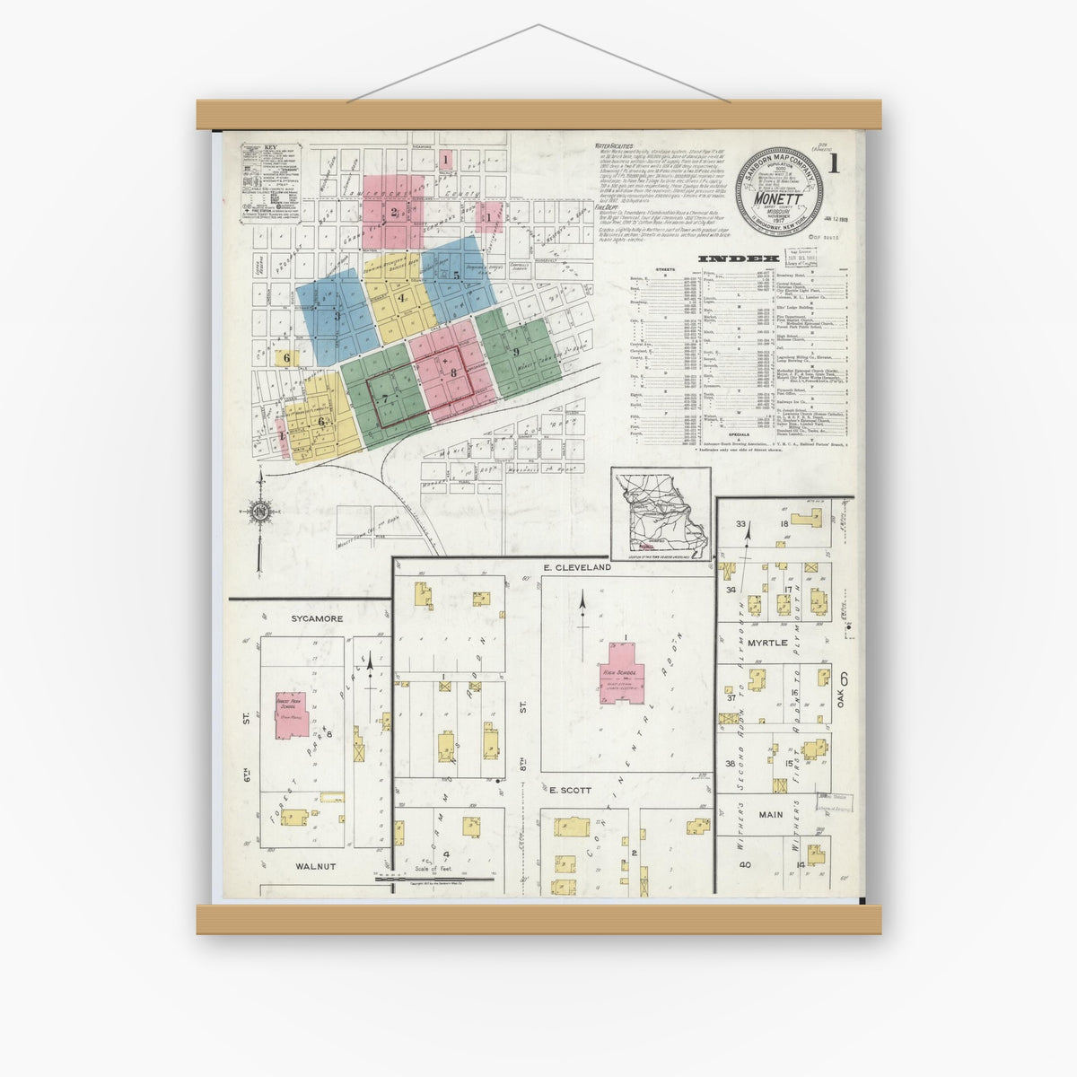 Old map wall art mockup — magnetic wood frame on white wall — Sanborn Fire Insurance Map from Monett, Barry County, Missouri (1917), Sheet #0001